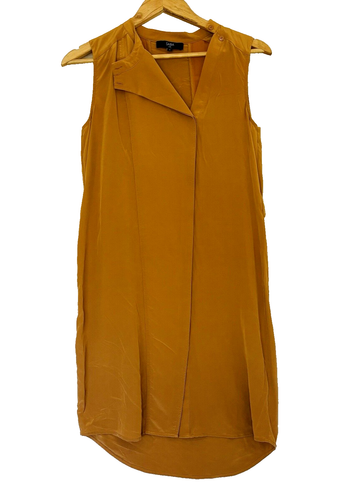 Saba 100% Silk Mini Dress Size 6 Mustard Yellow Chic Retro Scandi Flowy Elegant