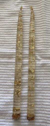 One Vintage MCM Lucite Acrylic Candle Stick Clear Gold LeafFlakes - Picture 1 of 4