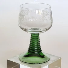 German Roemer wine glass 5-1/4" tall clear green stem grapevine design