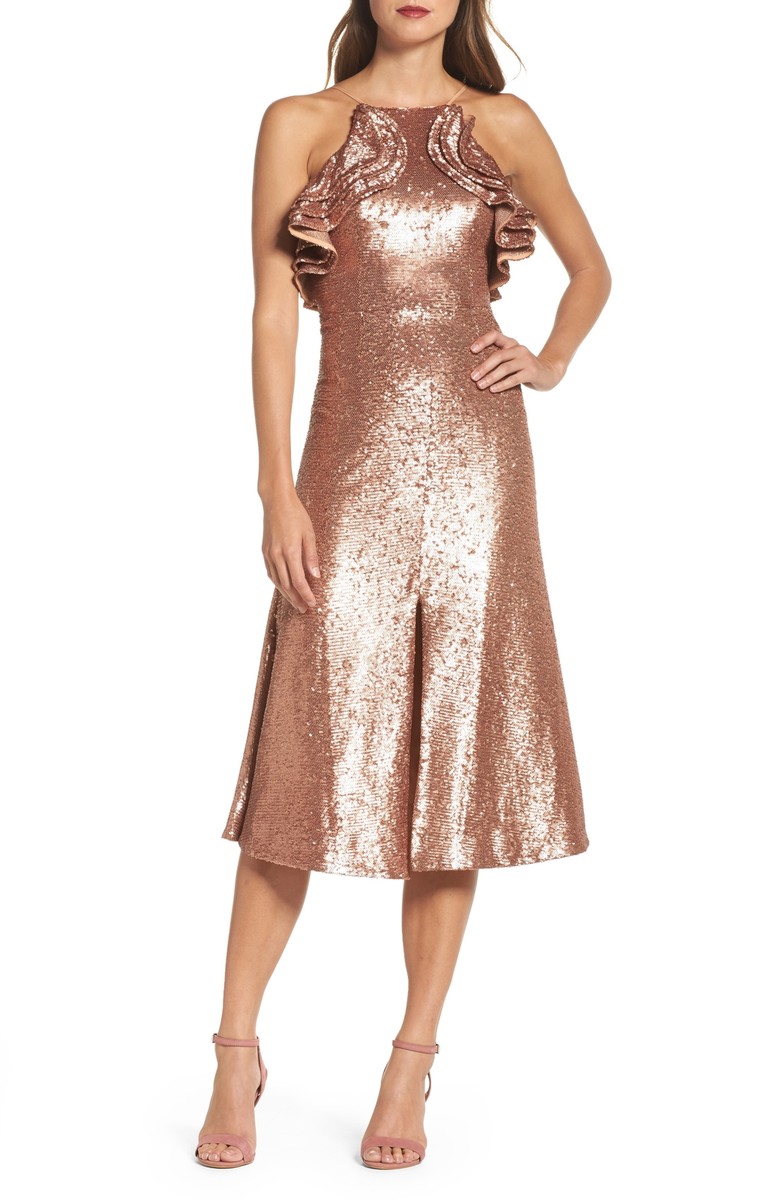 sequin ruffle dress in rose gold Rose Gold Sequin and Ruffled Tulle Mermaid Prom Dress