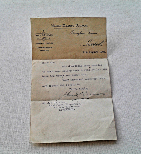 1905 West Derby Union Workhouse Liverpool - Pharmacy Employment Letter £104 pa