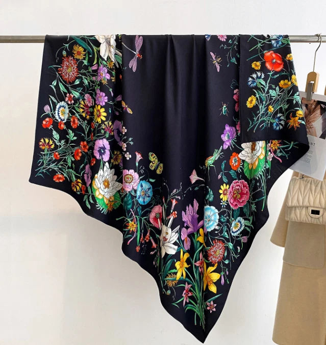 70% Cashmere 30% Silk Neckerchief Scarf flower Print Bandana 53'' Shawl Wrap new