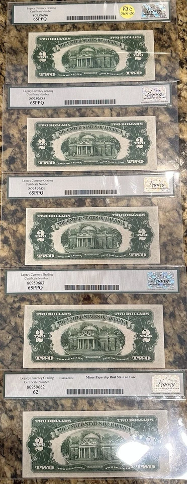 5 Consecutive 1928F $2 US Legal Tender Red Seal Note Fr# 1507 65PPQ Gem New+62 - Image 2 of 4