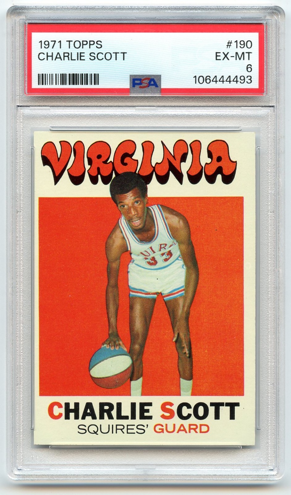 1971 Topps Basketball Charlie Scott #190 Virginia Squires PSA 6 EX-MT (Rookie)