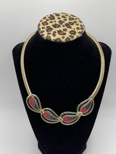 Vintage Gold Tone Snake Chain Necklace Colorful Enamel Abstract Leaf Statement