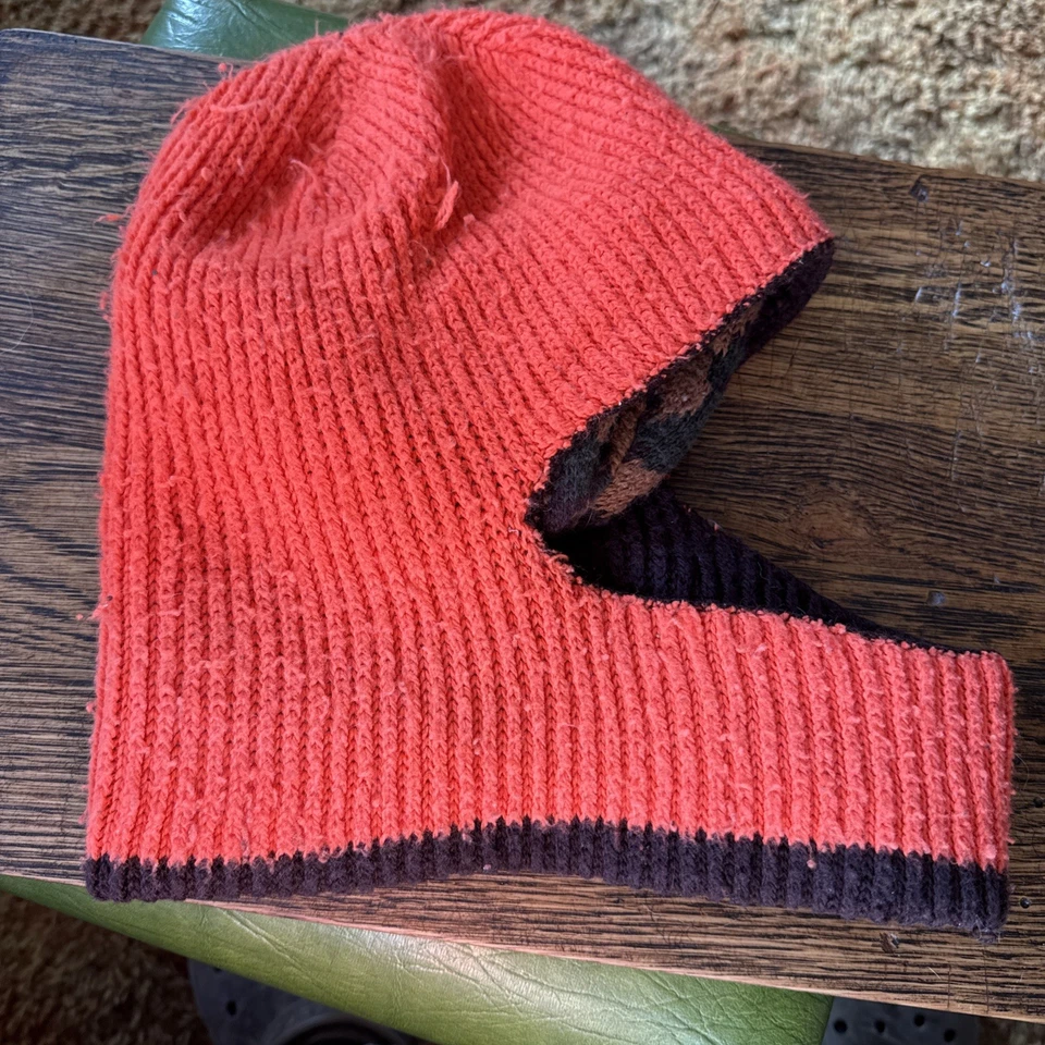 Vintage Orange & Brown Camo  Knit Reversable Balaclava Face Mask Hood Headcover - Image 3 of 3