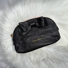 miu miu leather pouch ribbon BLACK clutch bag logo cosmetic pouch