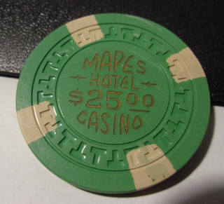HOTEL MAPES CASINO (1950's) $25 hotel casino gaming poker chip Reno NV