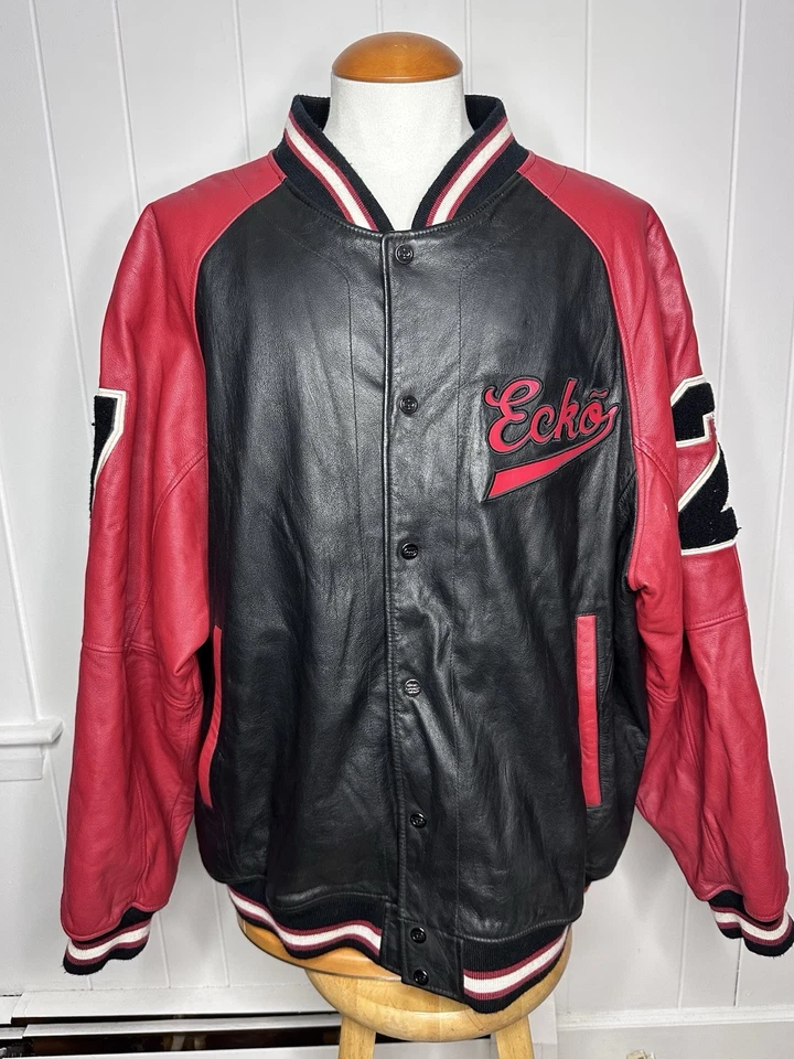 Ecko Unltd Genuine Leather Jacket Bomber Varsity - ‘72 Red Black Snap Size 3XL - Image 2 of 4
