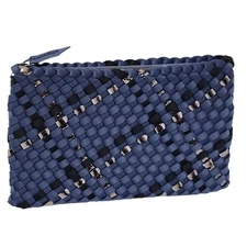 Naghedi Salina Pouch in Ink Blue Handwoven Neoprene Cosmetic Bag Zippered Woven 