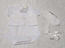 Vintage Madonna Original 3 Pc Set Christening Wedding Outfit Vest Bonnet White
