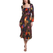 NWT FARM Rio Women's L Puff Sleeve Midi Dress Jungle Smiley Tropical Print