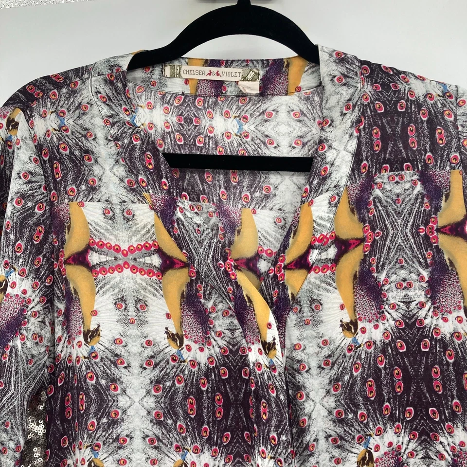 Chelsea & Violet Peacock Print Satin Belted Shirt Dress Arsty Festival Medium  - Image 2 of 4