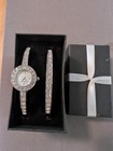 Vintage Chrome And Rhinestone Matching Ladies Watch And Bracelet — photo 1