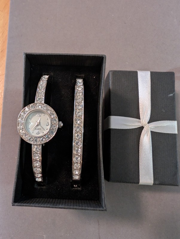 Vintage Chrome And Rhinestone Matching Ladies Watch And Bracelet