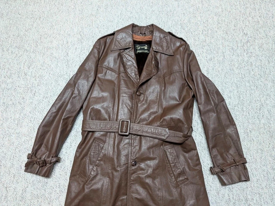1970s vintage BELTED leather TRENCH COAT brown 38L overcoat SHERLOCK patina S - Image 4 of 4