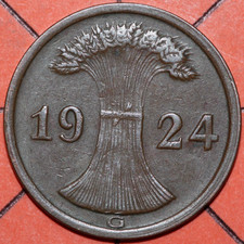 Germany  1924 G   2 Reichspfennig, Wheat, Weimar Republic -   Foreign Coin  20mm