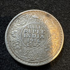 India Half Rupee 1916 George V Silver Coin, Uncertified Ungraded