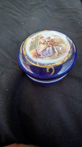 Vintage Limoges French Cobalt Blue Round Porcelain Lady Man Date Trinket Box