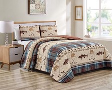 River Fly Fishing Themed Rustic Cabin Lodge Quilt Stitched Full/Queen, Blue