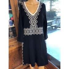 Nine West Black White V-Neck Long Sleeve A-Line Dress Womens Large