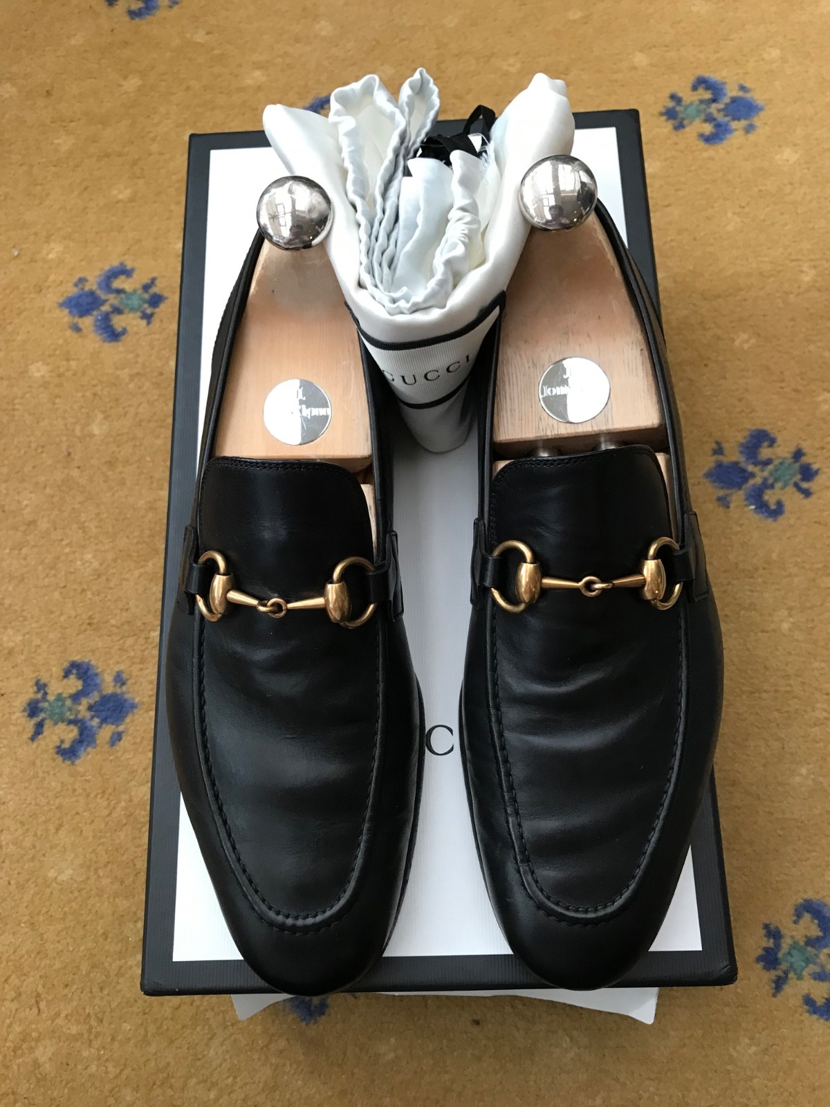 Gucci Loafers Leather Shoes Jordaan Black Gold Horsebit Mens US 6.5 UK 5.5 39.5