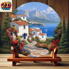 8 Flat Round Aluminum Foil Painting - Mediterranean Coastal Highway Landscape wi