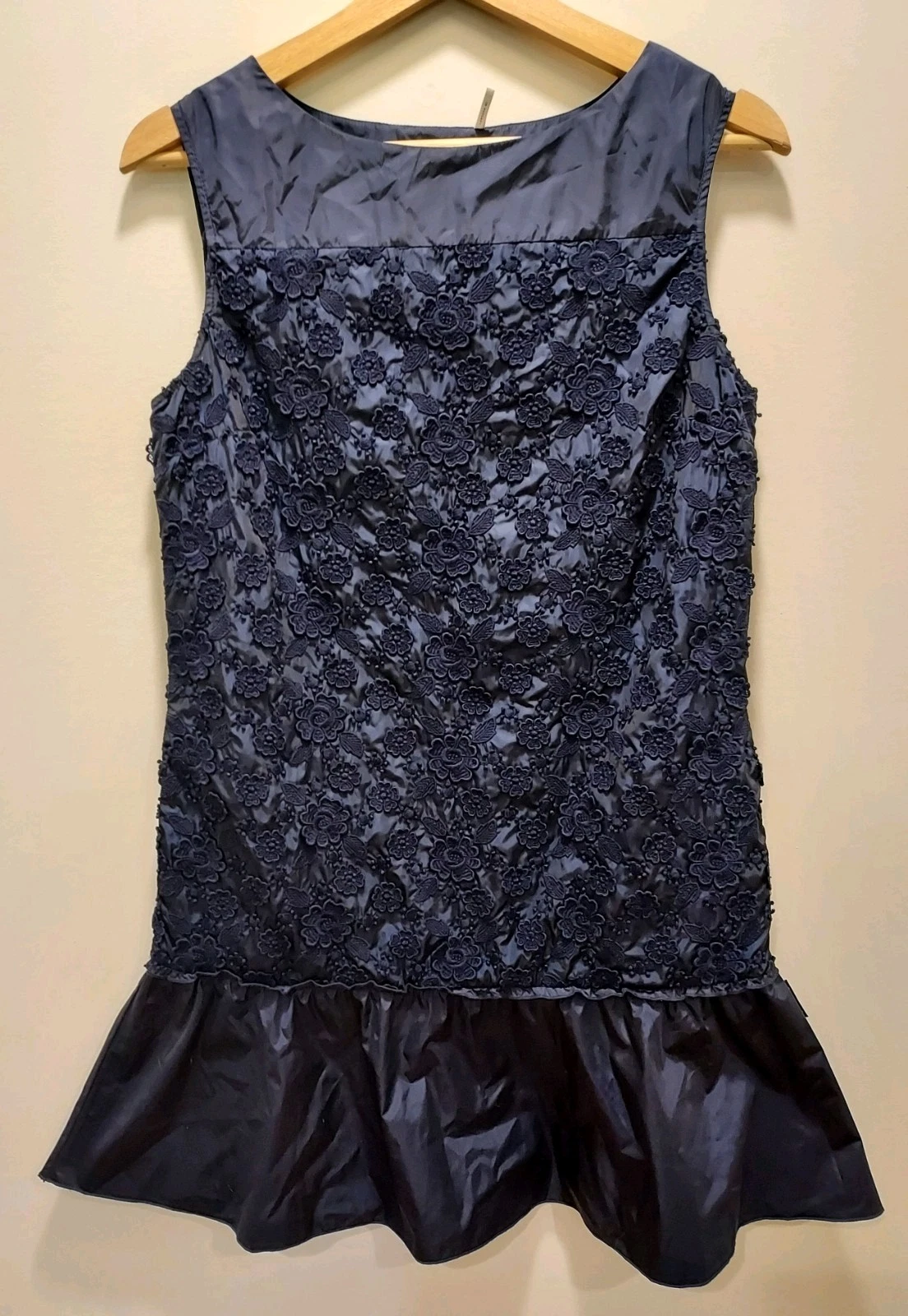 Mini abito Moncler blu navy floreale orlo arricciato nylon taglia 40 US M