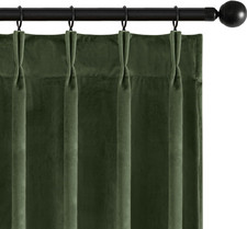 Olive Green Velvet Curtains 96 Inches Long, Pinch Pleated Blackout Drapes with H