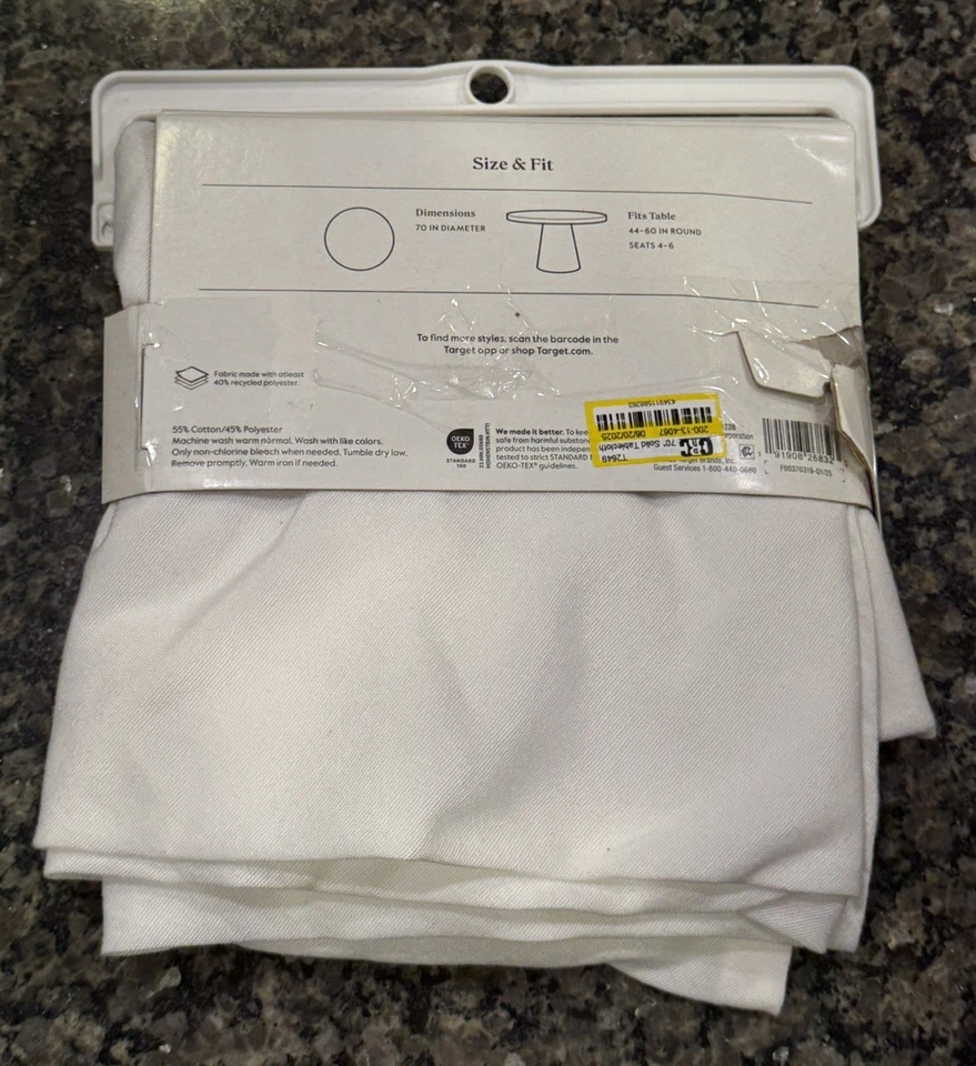 Threshold 70” Round Solid White Design Table Cloth Cotton Cover - Image 3 of 4