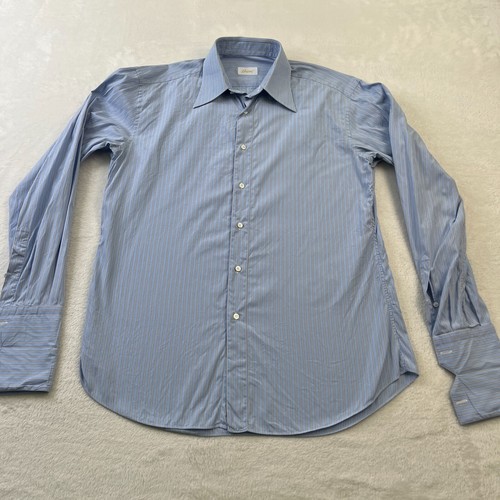 Brioni Mens Shirt 40 15.5 Blue Striped Button Up French Cuff Cotton Designer - Picture 7 of 7