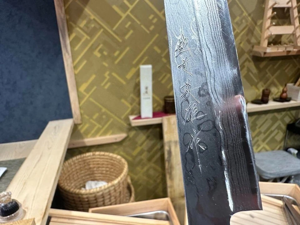 Cuchillo de cocina japonés Kitaoka Hideo Damasco Yanagiba 210 mm acero blanco #2 Foto 2 de 4