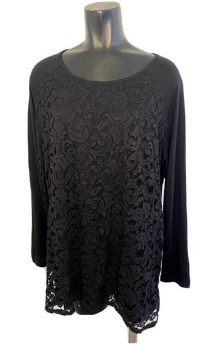 Suzanne Grae Lace Front Top, Black, Size XL/18, Long Sleeve, Floral Pattern