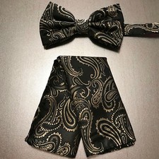 BLACK GOLD Paisley Pre-tied Butterfly Design Bowtie and Pocket Square Hanky Set