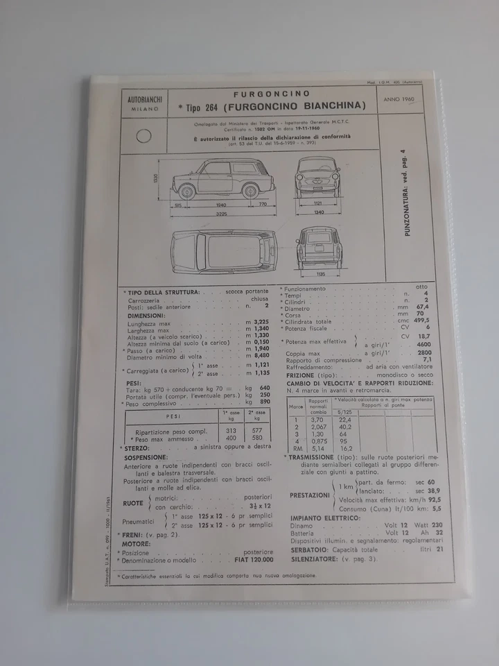 AUTOBIANCHI BIANCHINA FURGONCINO TIPO 264 SCHEDA omologazione originale 1960 ASI - Immagine 2 di 4