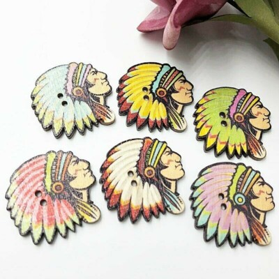 Pkg of 10 INDIAN CHIEF 2-hole Wooden Buttons 1-1/8'' x 1-1/4'' Craft (9109)