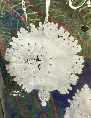 Vintage Christmas Ornament KIT Satin Beaded White Silver Pearl Snowflake Makes 2