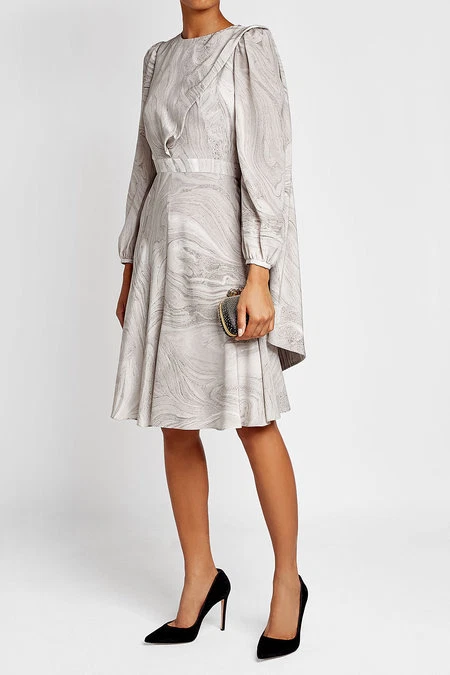Abito sciarpa drappeggiata Alexander McQUEEN $2795 grigio stampa marmo seta crepe nuovo con etichette