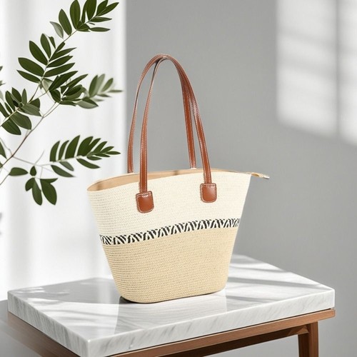 Stripe Woven Shoulder Bag Square Vacation Beach Bag Casual Tote Bag - Picture 5 of 19