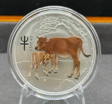 2021 Australia Lunar Year of the Ox Colorized 1 oz Silver Coin in Capsule