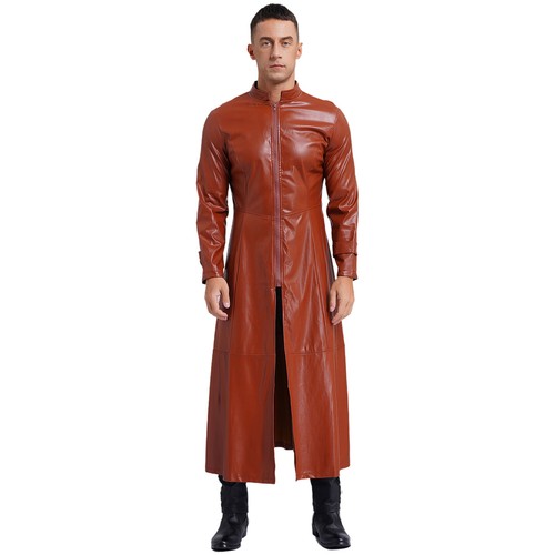 Mens Faux Leather Trench Coat Steampunk Long Sleeve Full Zipper Jacket Overcoat - Picture 58 of 84