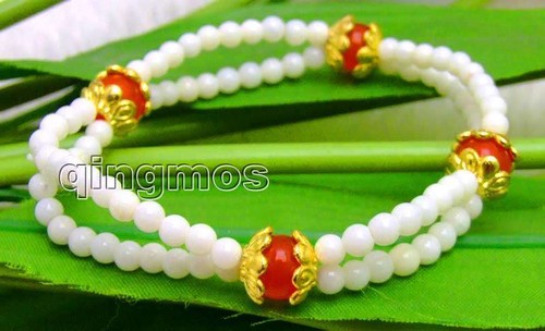 "OFERTA Rouand 4mm Blanco Coral y Redondo 8mm Rojo Jade 2 Hebras 7.5" Pulsera-br287 - Imagen 2 de 3