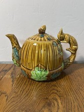 Vintage Japanese Majolica Acorn Teapot Squirrel Handle Ceramic Autumn Leaf