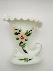 Milk Glass Ruffled Edge Vase / Candle Hand Painted Flowers 6” Vintage Fenton?