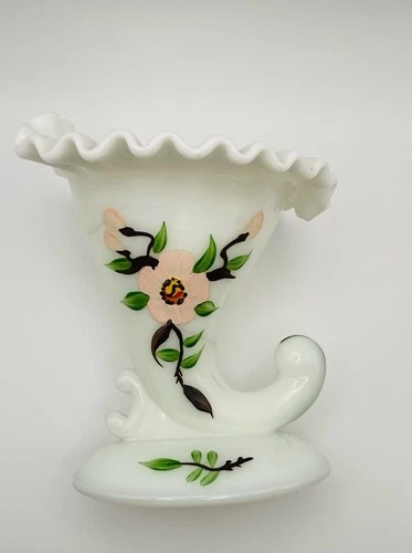 Milk Glass Ruffled Edge Vase / Candle Hand Painted Flowers 6” Vintage Fenton?