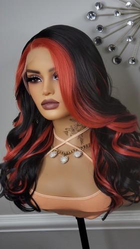 New Curly Black Red 2 Tone Color Block Lace Front Wig Womens Fashion Hair Wigs - Picture 5 of 15