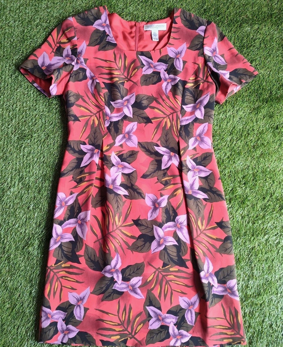 Valerie Stevens Vintage Floral Dress Size 100% Silk Red Purple
