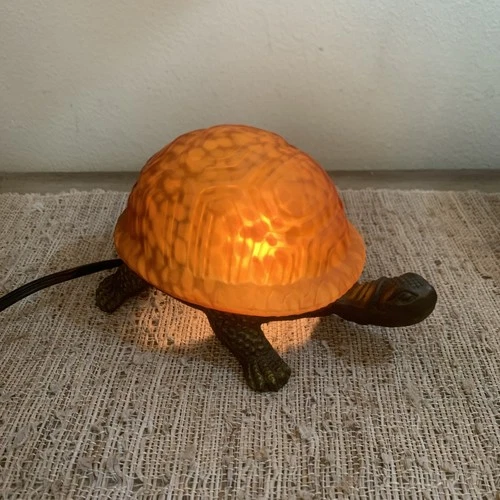 Vintage Tiffany Style Brass & Amber Glass TURTLE NIGHT LIGHT Table Lamp Tortoise
