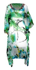 Bohemian Tunic Beach Cover Up Dress Floral Green Embellished Neckline