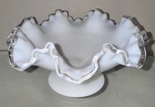 Vintage Fenton Milk Glass Silver Crest Ruffled Crimped Footed Compote Bowl 4"T